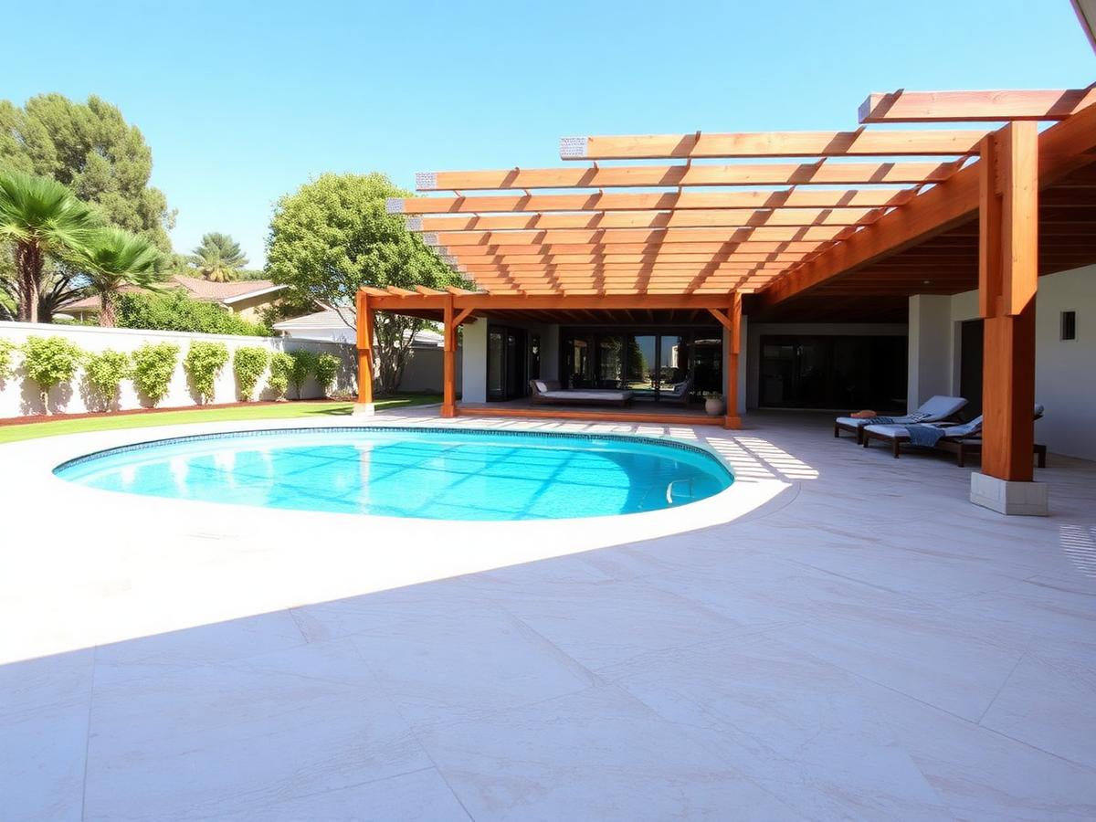Timber pergola over a paved pool surround