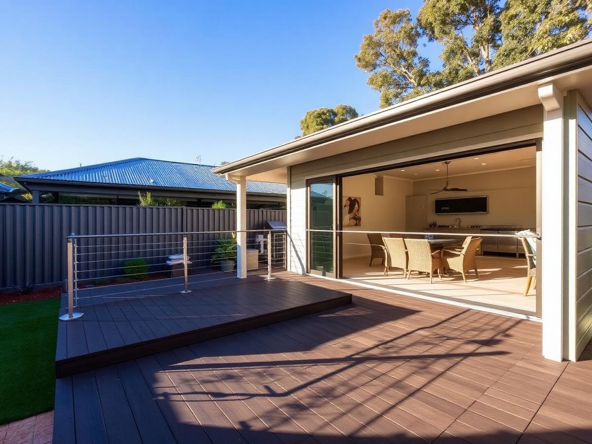 Shed converted into an outdoor entertainment area with composite decking and cable balustrade